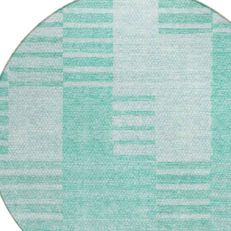 8' Teal Blue Aqua And Ivory Round Striped Washable Indoor Outdoor Area Rug