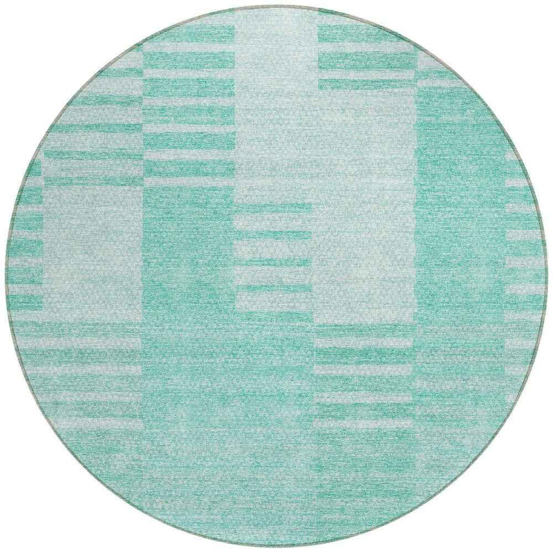 8' Teal Blue Aqua And Ivory Round Striped Washable Indoor Outdoor Area Rug