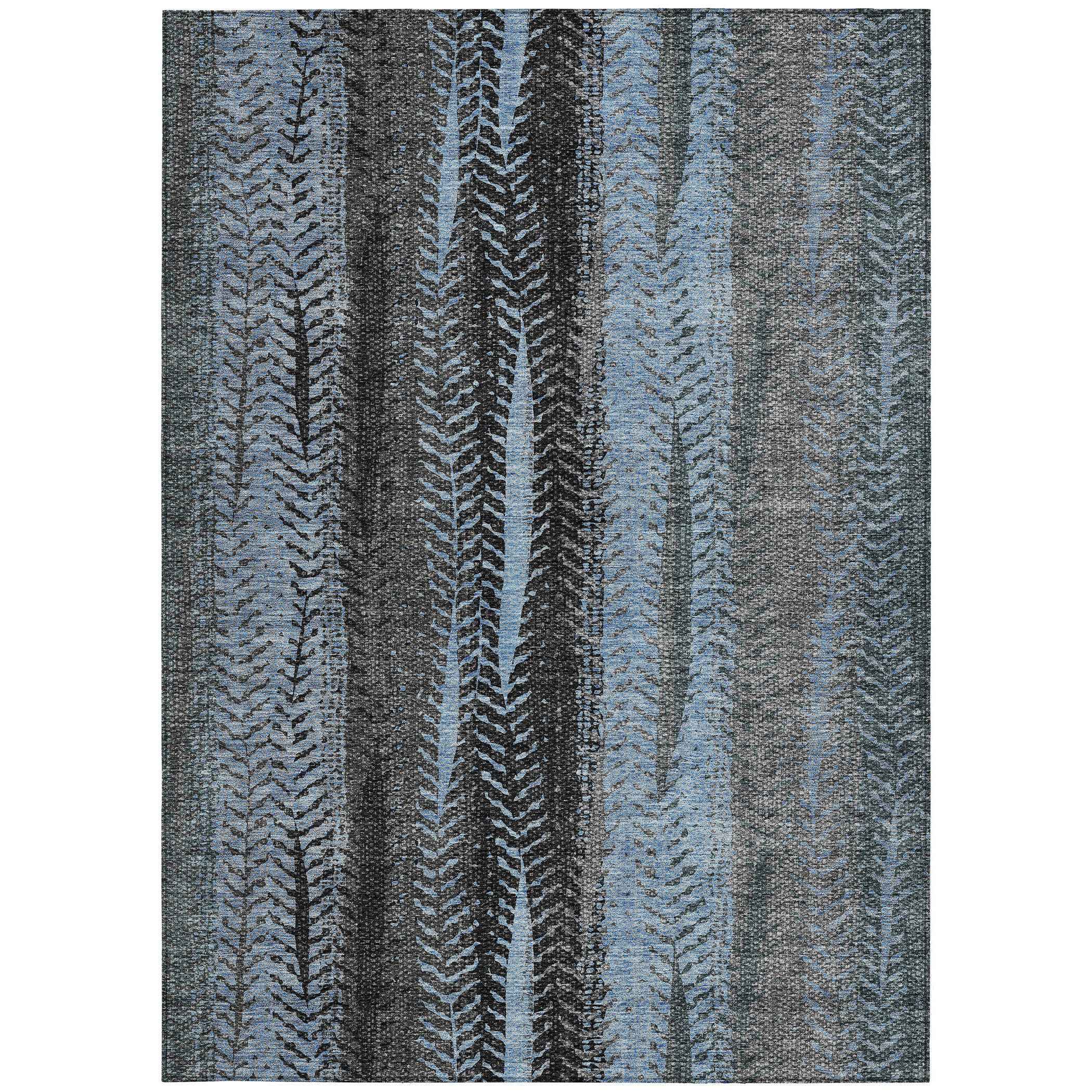 3' X 5' Blue Gray And Charcoal Botanical Leaves Washable Indoor Outdoor Area Rug