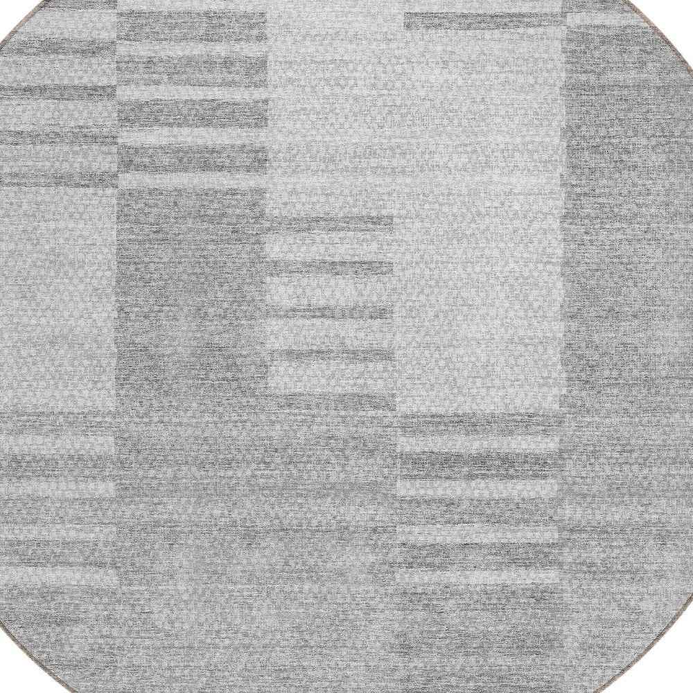 8' Silver Gray And Ivory Round Striped Washable Indoor Outdoor Area Rug