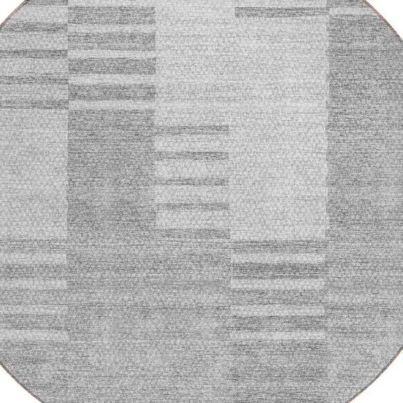 8' Silver Gray And Ivory Round Striped Washable Indoor Outdoor Area Rug