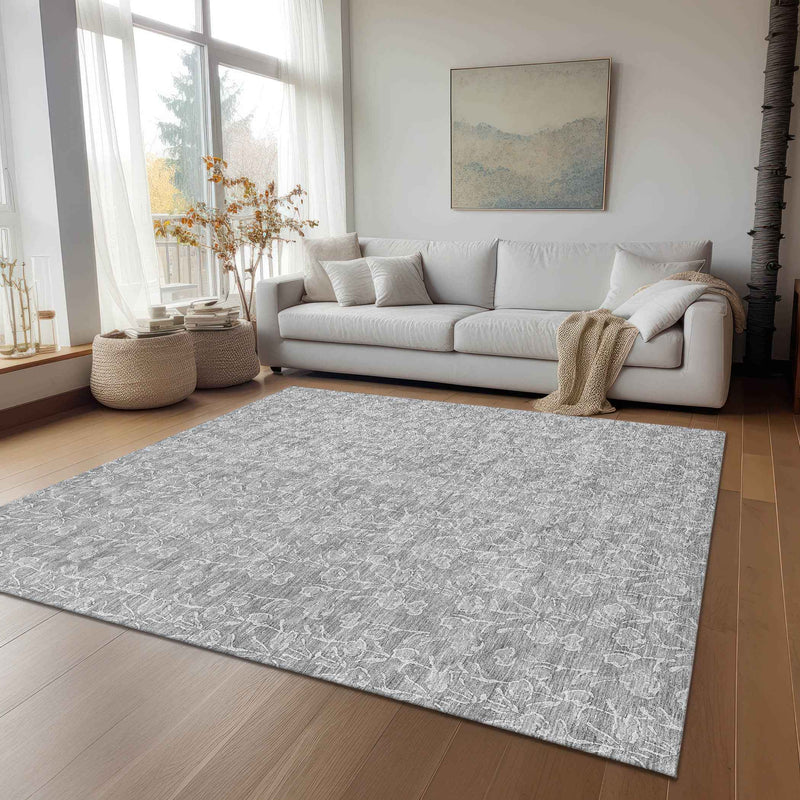3' X 5' Silver And Ivory Floral Washable Indoor Outdoor Area Rug