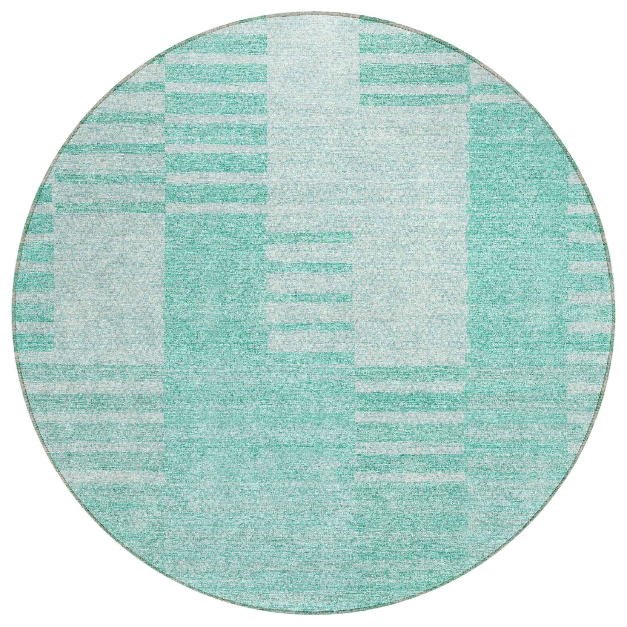 8' Teal Blue Aqua And Ivory Round Striped Washable Indoor Outdoor Area Rug