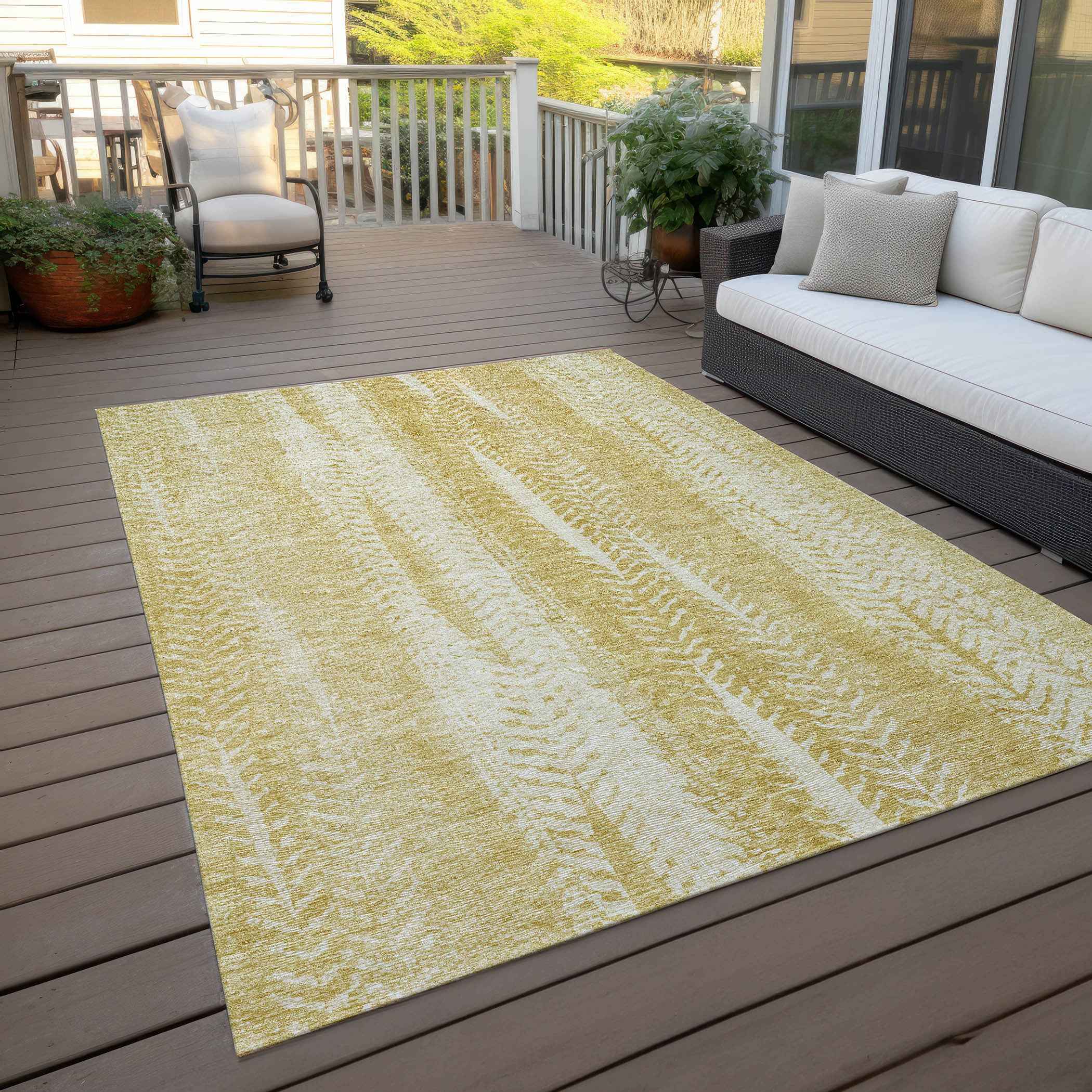 9' X 12' Gold Wheat And Ivory Botanical Leaves Washable Indoor Outdoor Area Rug