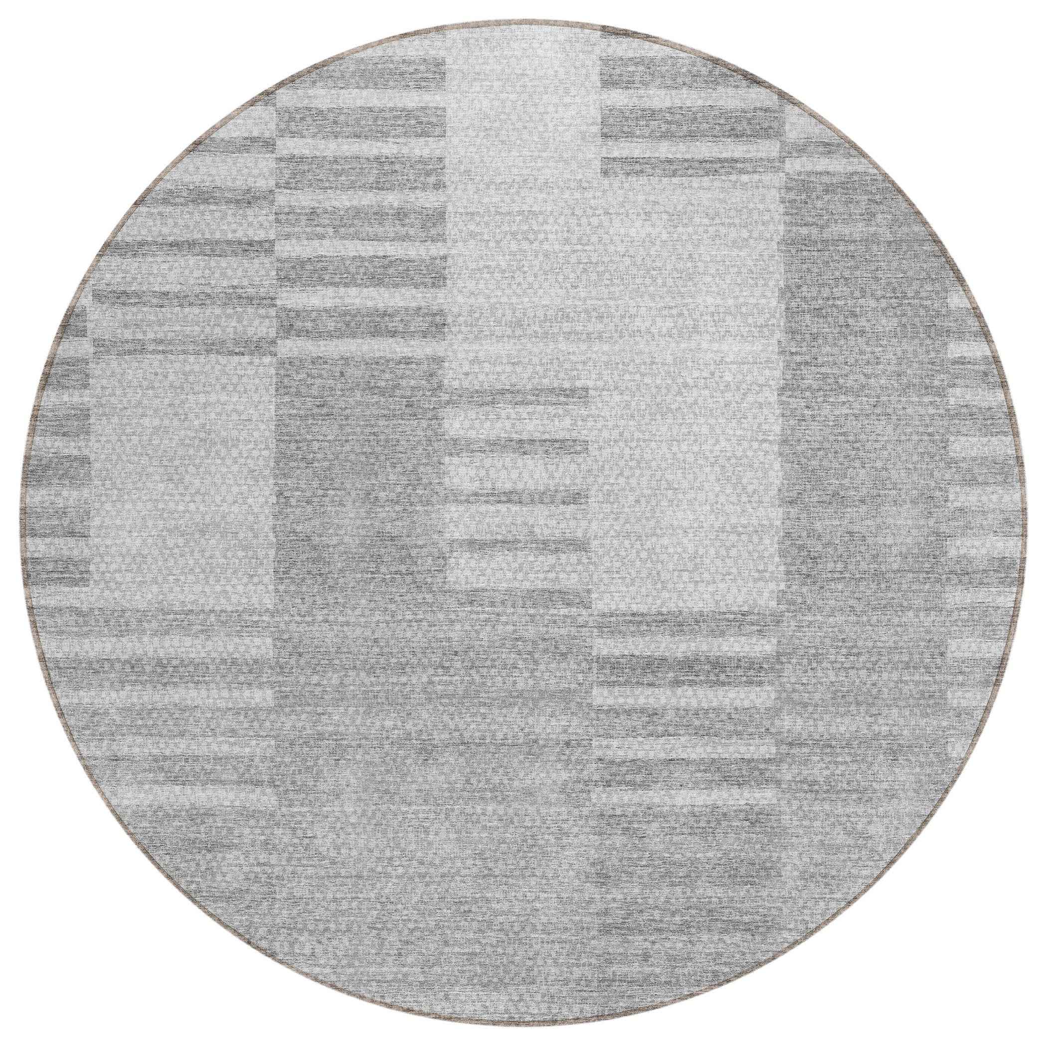 8' Silver Gray And Ivory Round Striped Washable Indoor Outdoor Area Rug