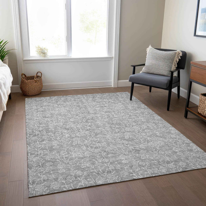 3' X 5' Silver And Ivory Floral Washable Indoor Outdoor Area Rug