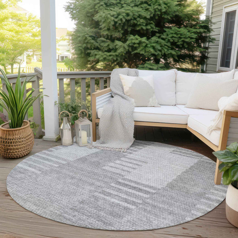 8' Silver Gray And Ivory Round Striped Washable Indoor Outdoor Area Rug