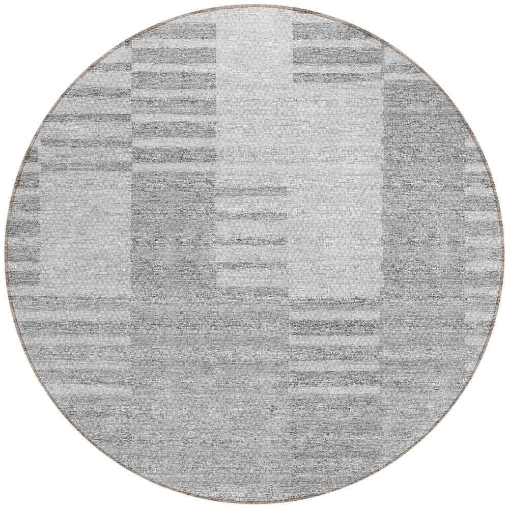 8' Silver Gray And Ivory Round Striped Washable Indoor Outdoor Area Rug