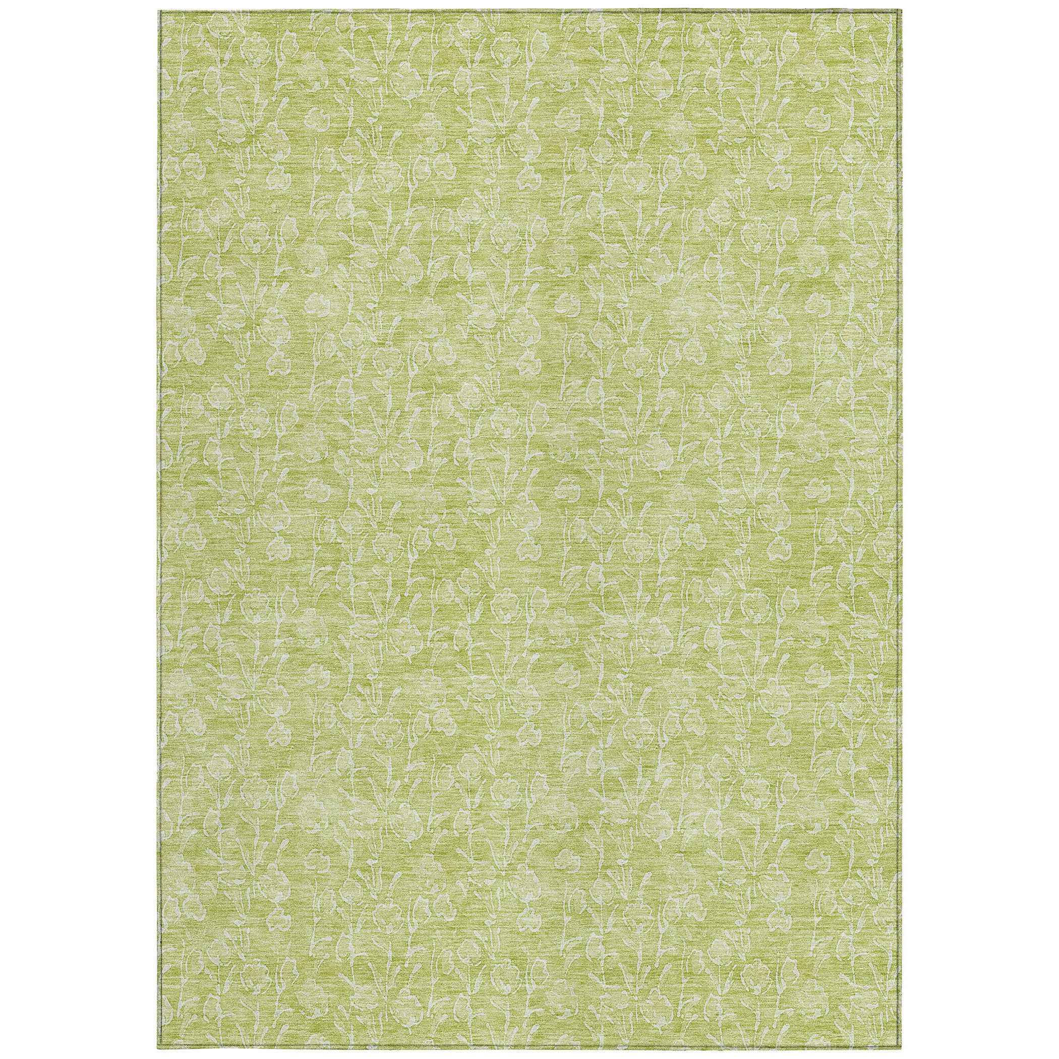 3' X 5' Artichoke Green And Ivory Floral Washable Indoor Outdoor Area Rug