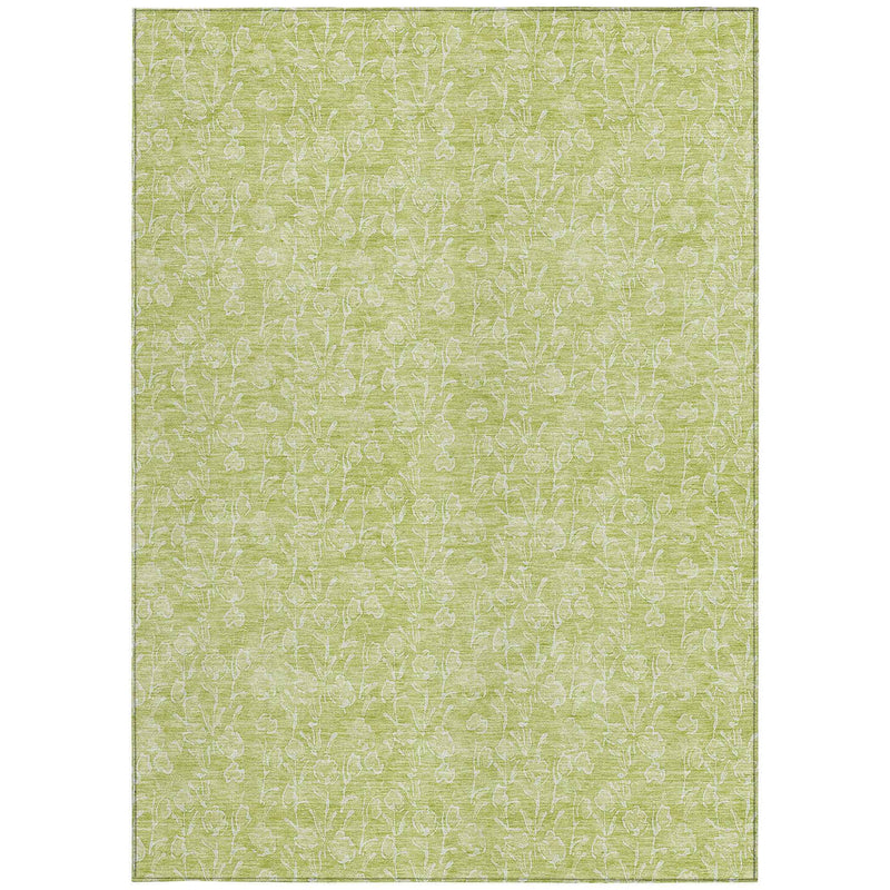 3' X 5' Artichoke Green And Ivory Floral Washable Indoor Outdoor Area Rug