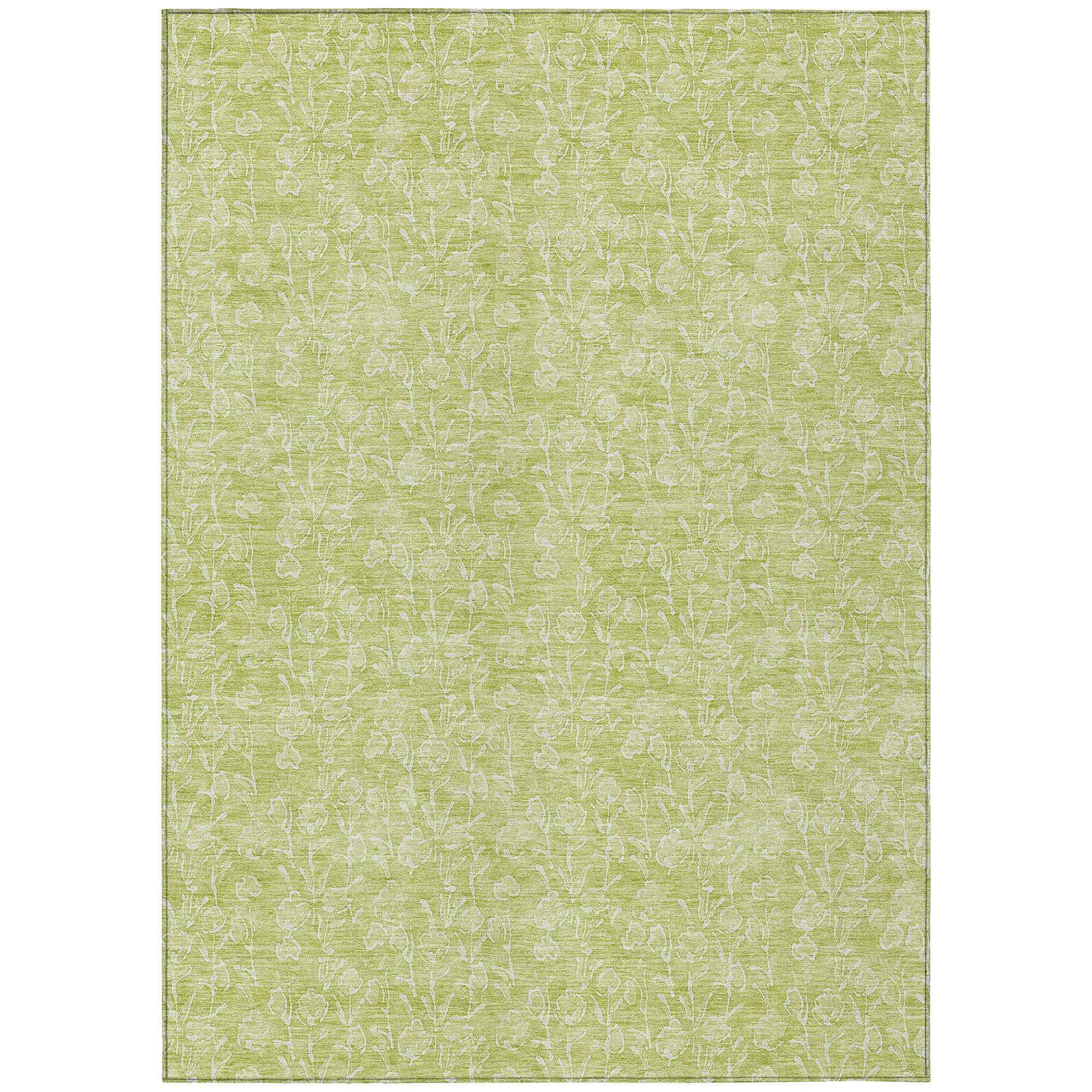 3' X 5' Artichoke Green And Ivory Floral Washable Indoor Outdoor Area Rug