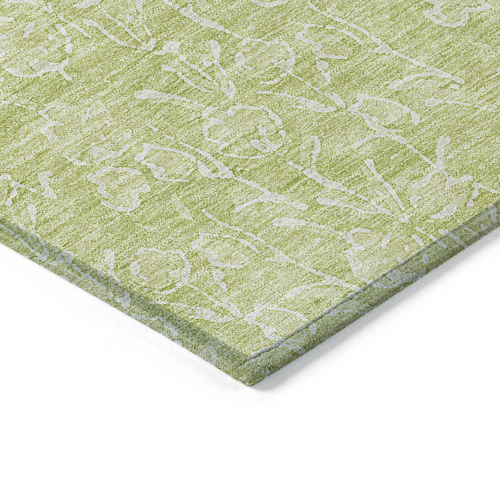 3' X 5' Artichoke Green And Ivory Floral Washable Indoor Outdoor Area Rug