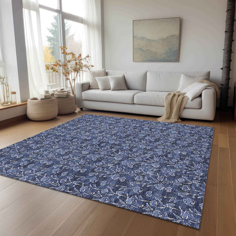 8' X 10' Navy Blue Denim Blue And Ivory Floral Washable Indoor Outdoor Area Rug