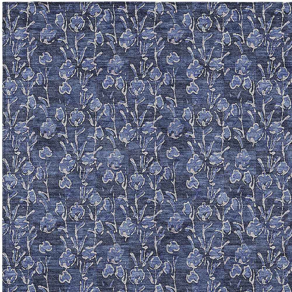 8' X 10' Navy Blue Denim Blue And Ivory Floral Washable Indoor Outdoor Area Rug