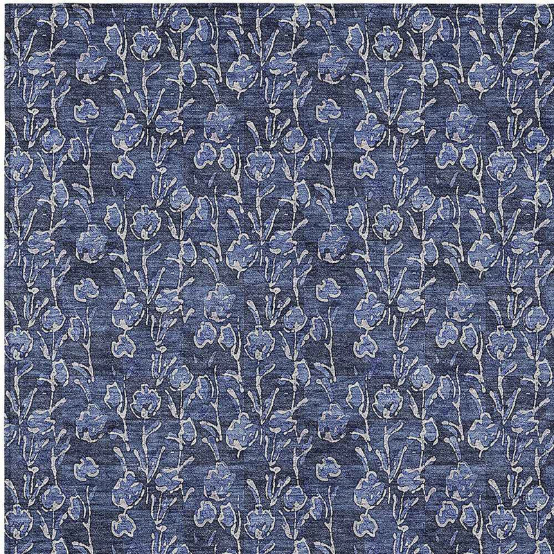 8' X 10' Navy Blue Denim Blue And Ivory Floral Washable Indoor Outdoor Area Rug