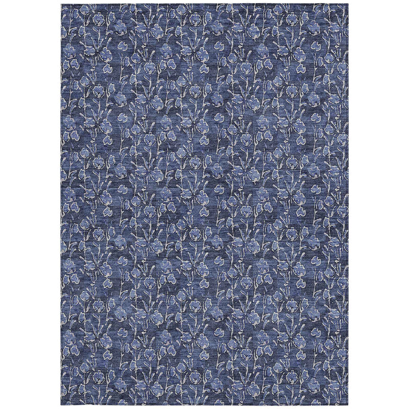 8' X 10' Navy Blue Denim Blue And Ivory Floral Washable Indoor Outdoor Area Rug