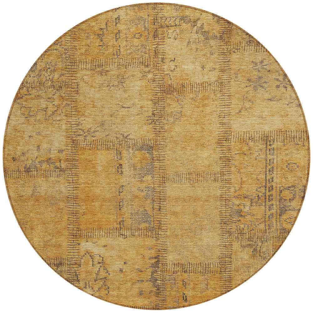 8' Peach Gray And Charcoal Round Patchwork Washable Indoor Outdoor Area Rug