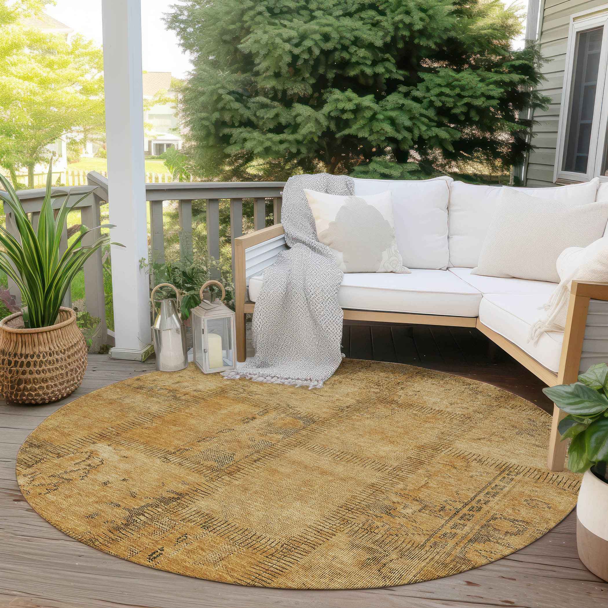 8' Peach Gray And Charcoal Round Patchwork Washable Indoor Outdoor Area Rug