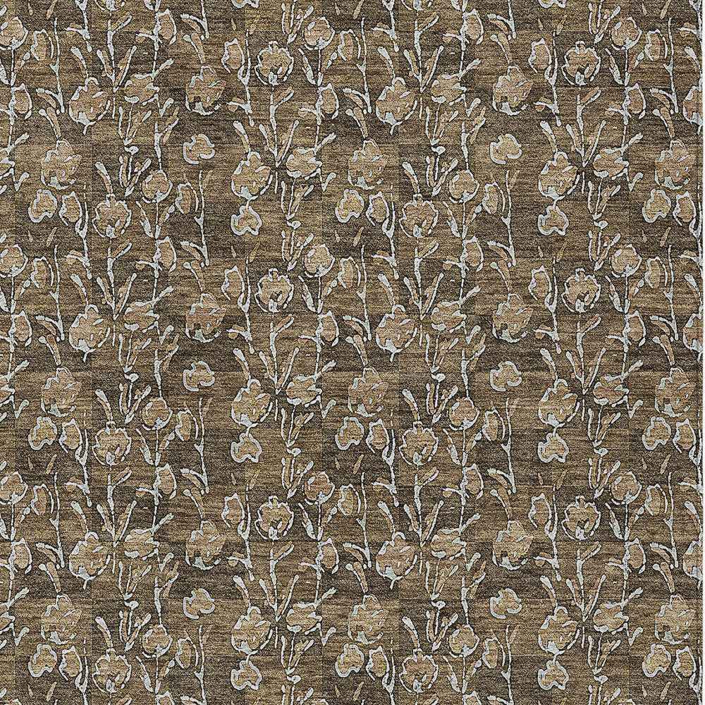 9' X 12' Brown And Ivory Floral Washable Indoor Outdoor Area Rug