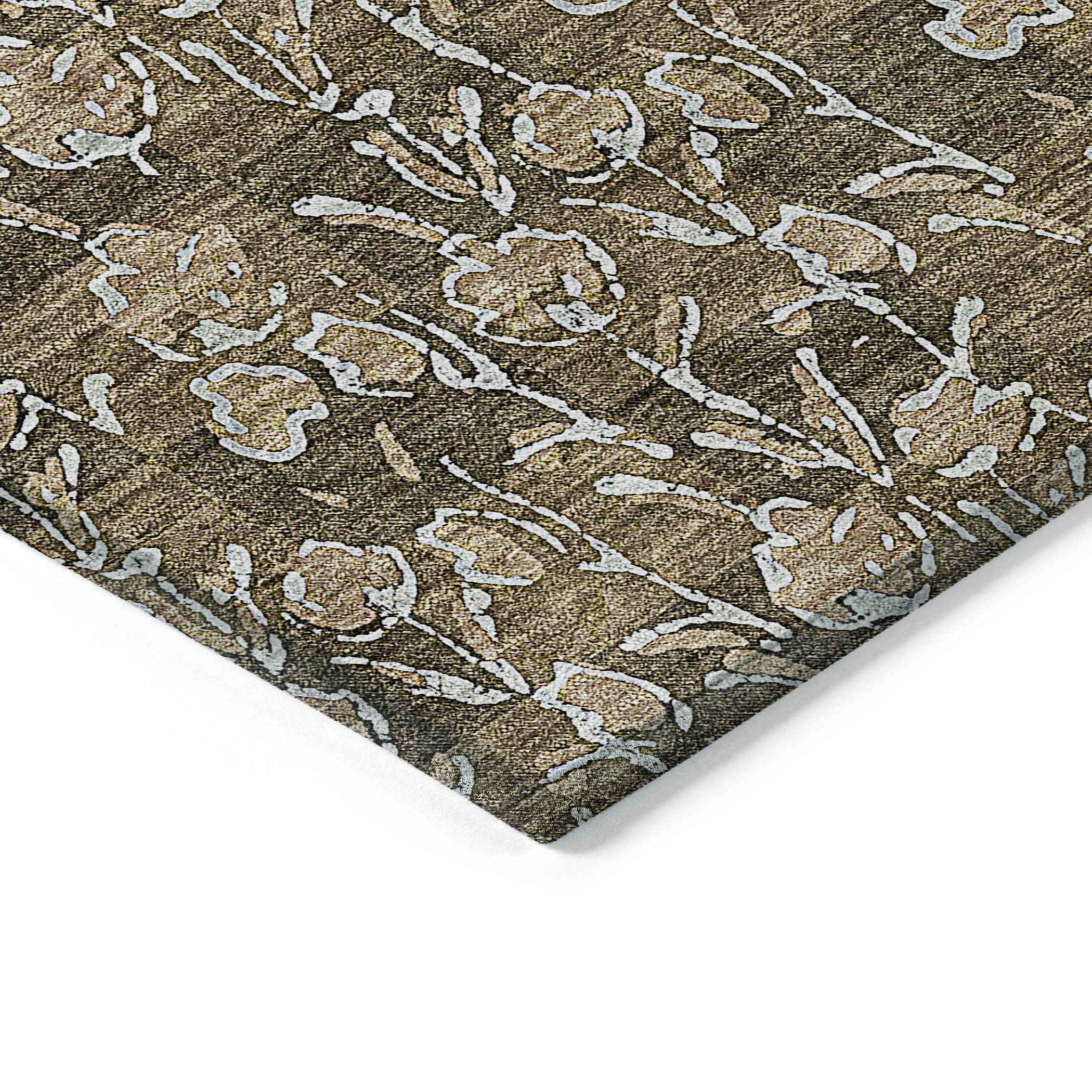 9' X 12' Brown And Ivory Floral Washable Indoor Outdoor Area Rug
