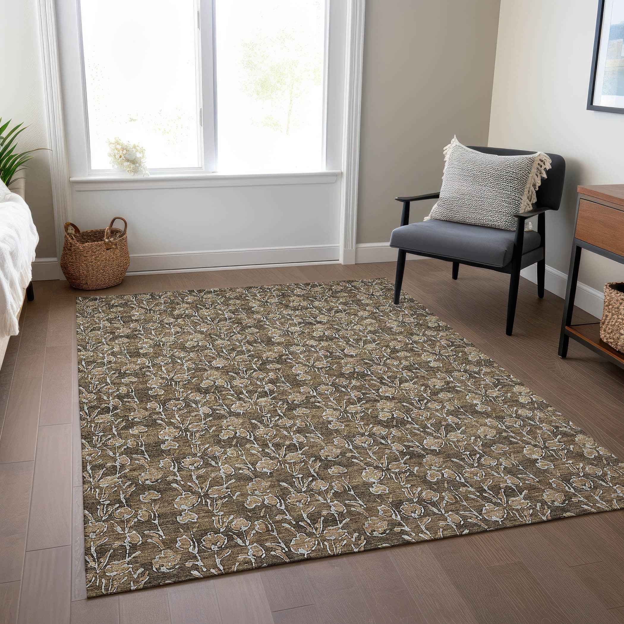 9' X 12' Brown And Ivory Floral Washable Indoor Outdoor Area Rug