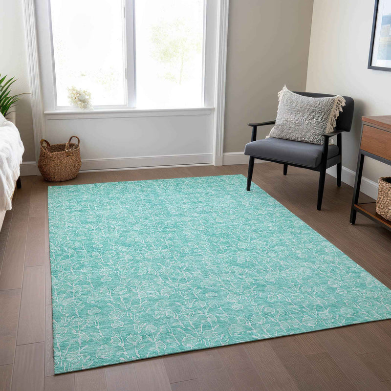 3' X 5' Teal Blue And Ivory Floral Washable Indoor Outdoor Area Rug