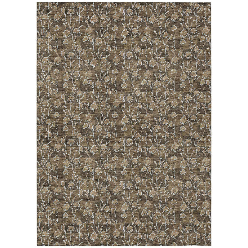9' X 12' Brown And Ivory Floral Washable Indoor Outdoor Area Rug