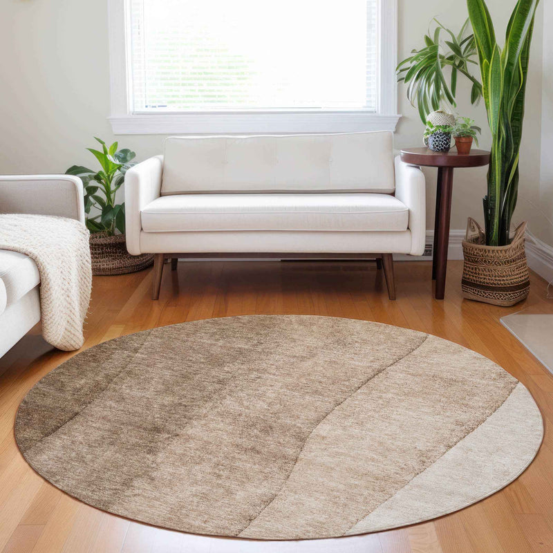 8' Brown And Beige Round Ombre Washable Indoor Outdoor Area Rug