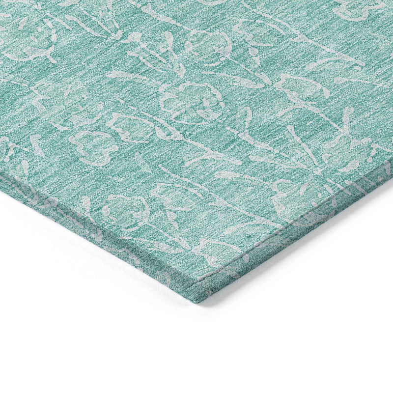 3' X 5' Teal Blue And Ivory Floral Washable Indoor Outdoor Area Rug