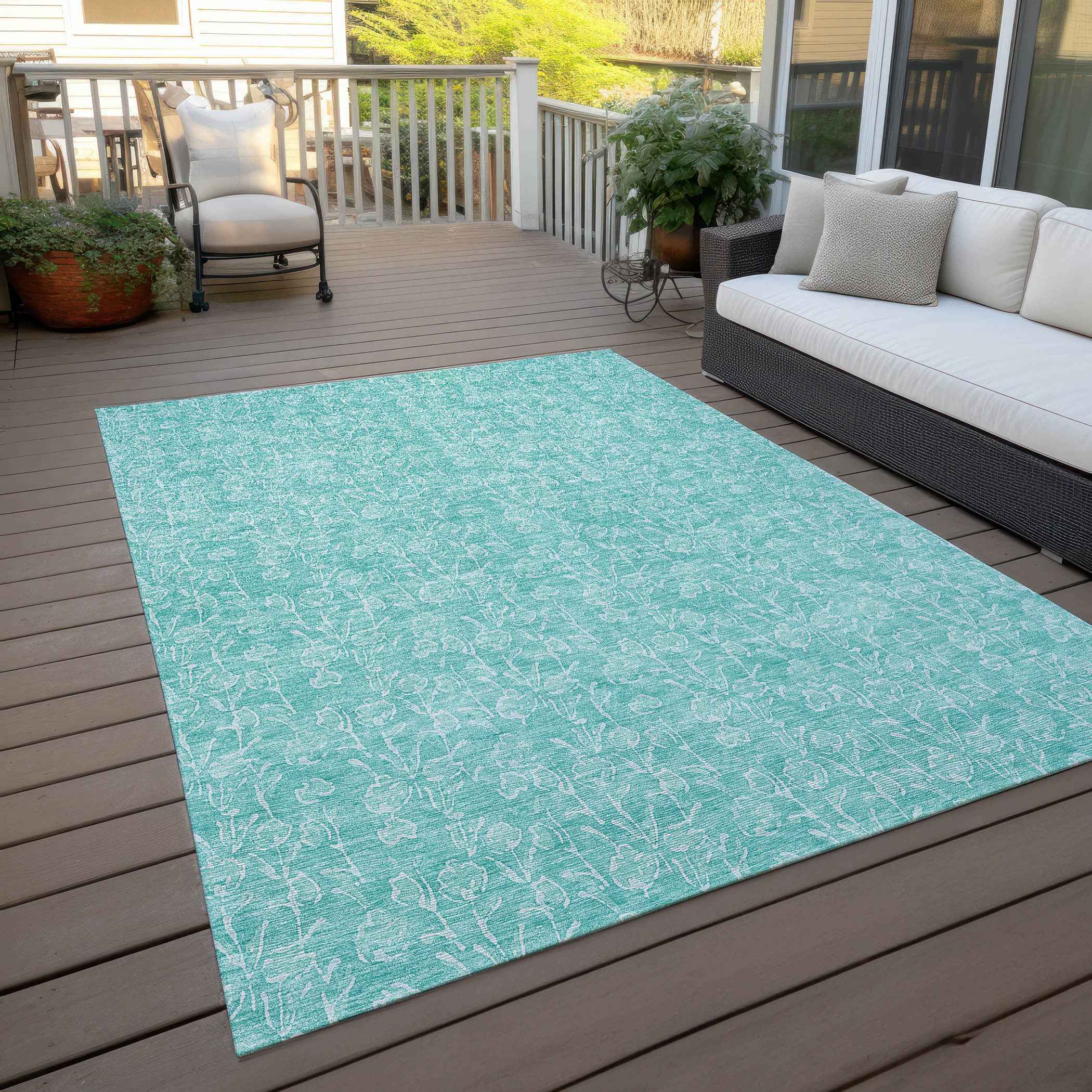 3' X 5' Teal Blue And Ivory Floral Washable Indoor Outdoor Area Rug