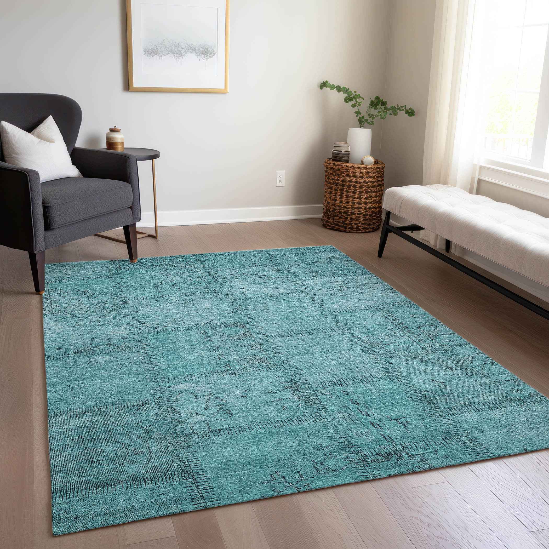 3' X 5' Teal Blue And Aqua Patchwork Washable Indoor Outdoor Area Rug