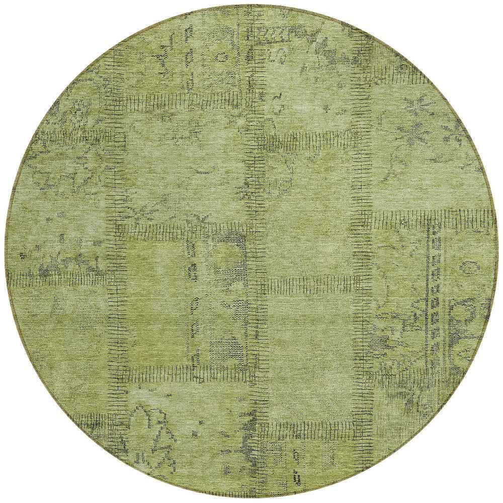 8' Fern Green And Artichoke Green Round Patchwork Washable Indoor Outdoor Area Rug