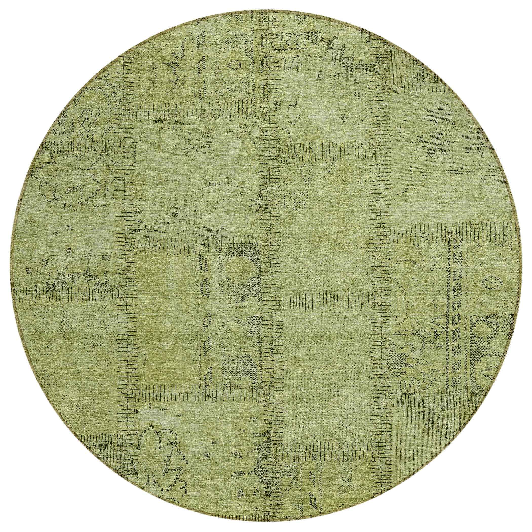 8' Fern Green And Artichoke Green Round Patchwork Washable Indoor Outdoor Area Rug