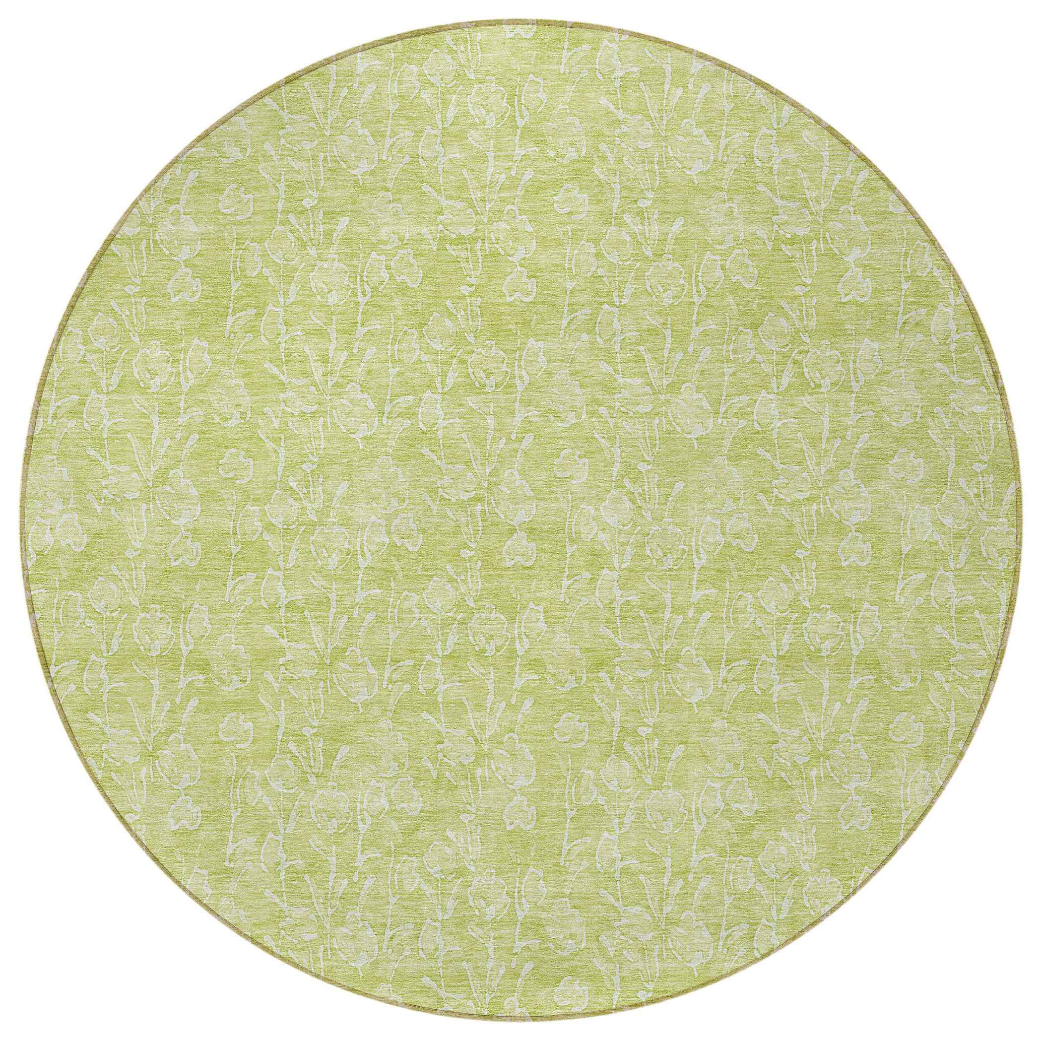 8' Artichoke Green And Ivory Round Floral Washable Indoor Outdoor Area Rug