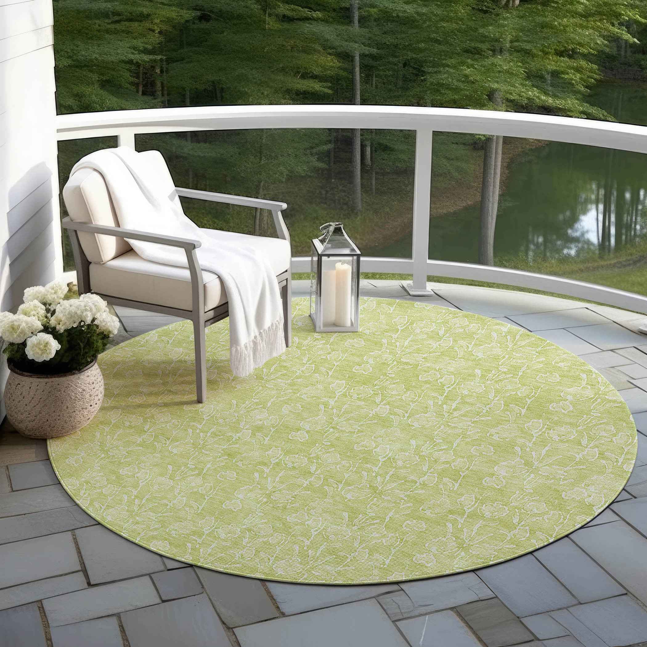 8' Artichoke Green And Ivory Round Floral Washable Indoor Outdoor Area Rug