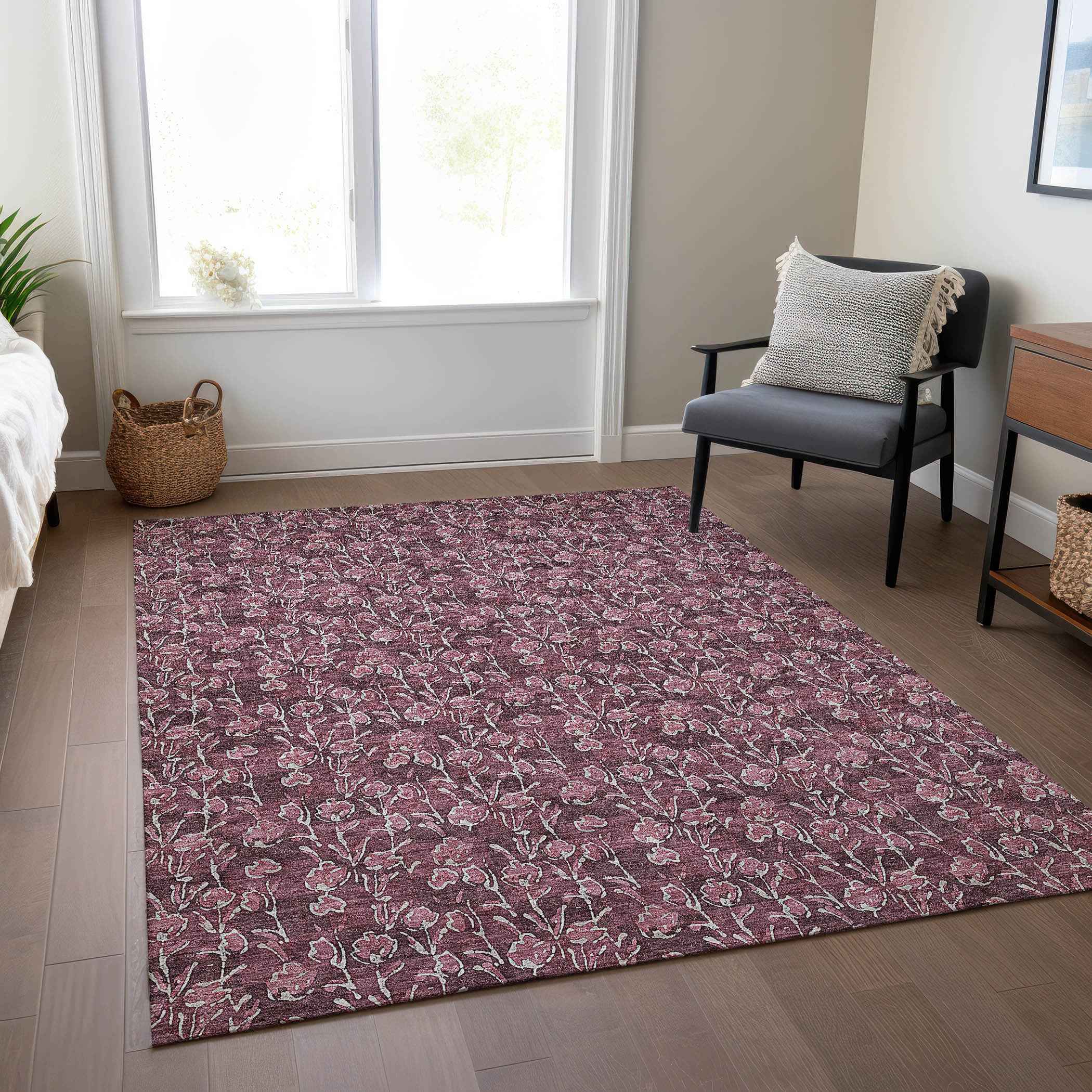 3' X 5' Merlot Mauve And Ivory Floral Washable Indoor Outdoor Area Rug
