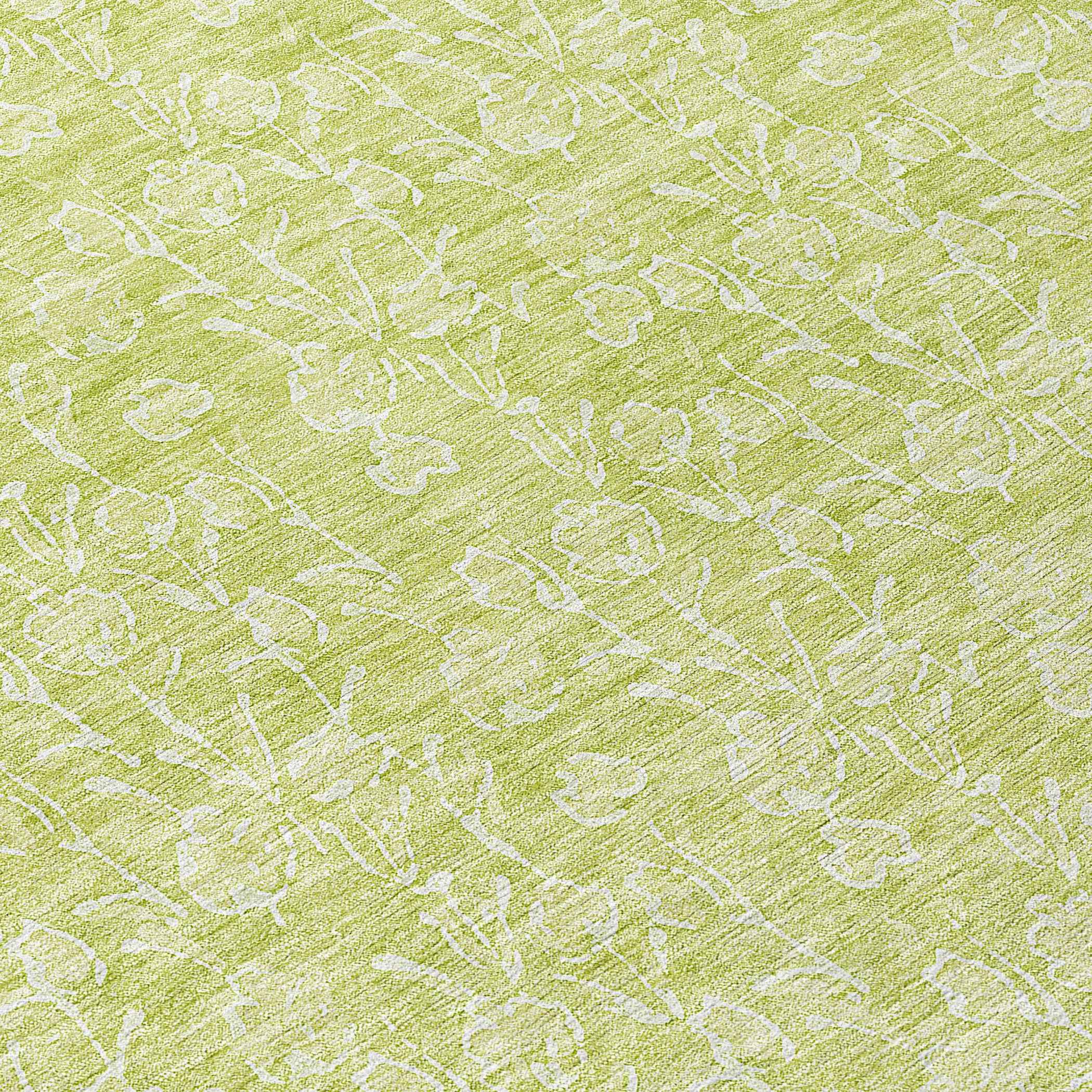 8' Artichoke Green And Ivory Round Floral Washable Indoor Outdoor Area Rug