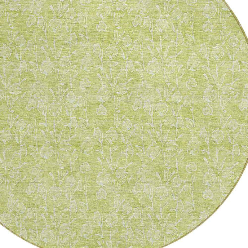 8' Artichoke Green And Ivory Round Floral Washable Indoor Outdoor Area Rug