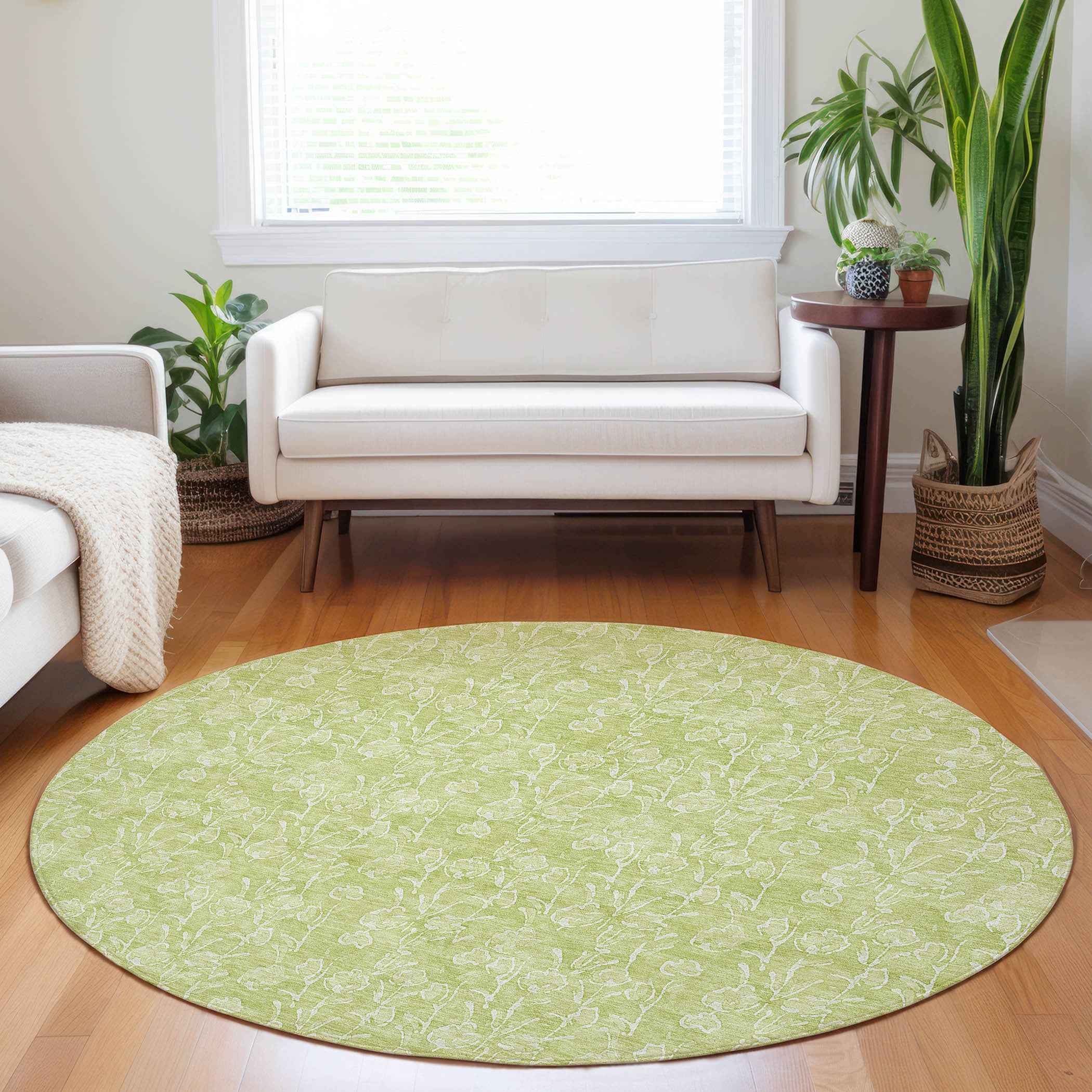 8' Artichoke Green And Ivory Round Floral Washable Indoor Outdoor Area Rug