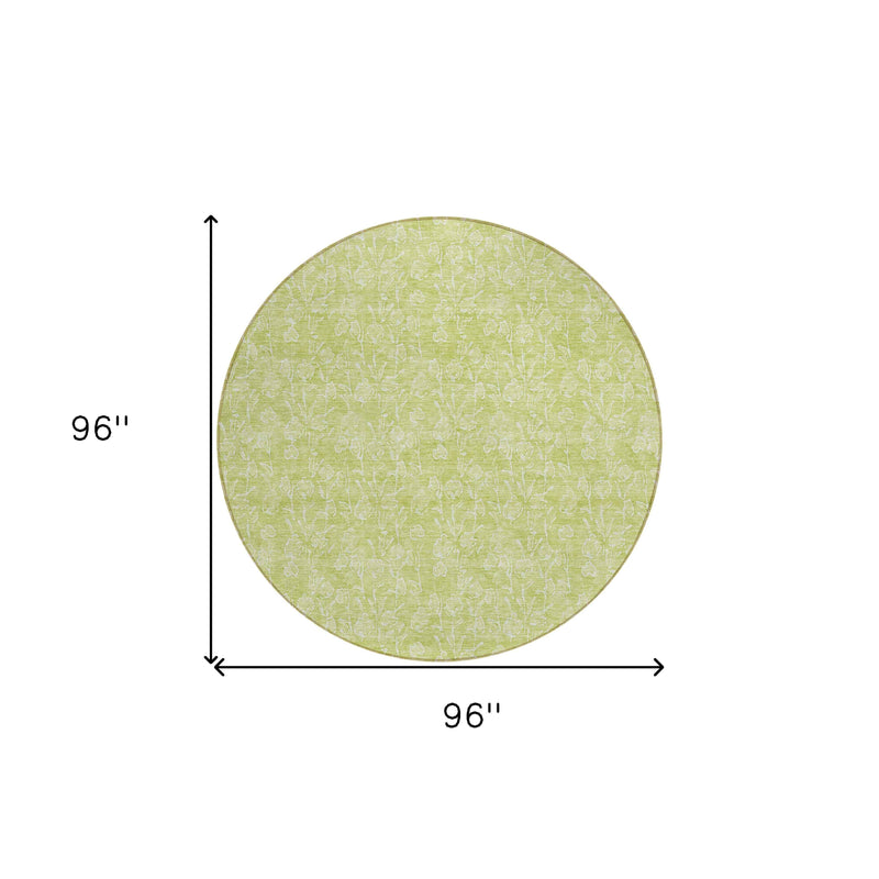 8' Artichoke Green And Ivory Round Floral Washable Indoor Outdoor Area Rug