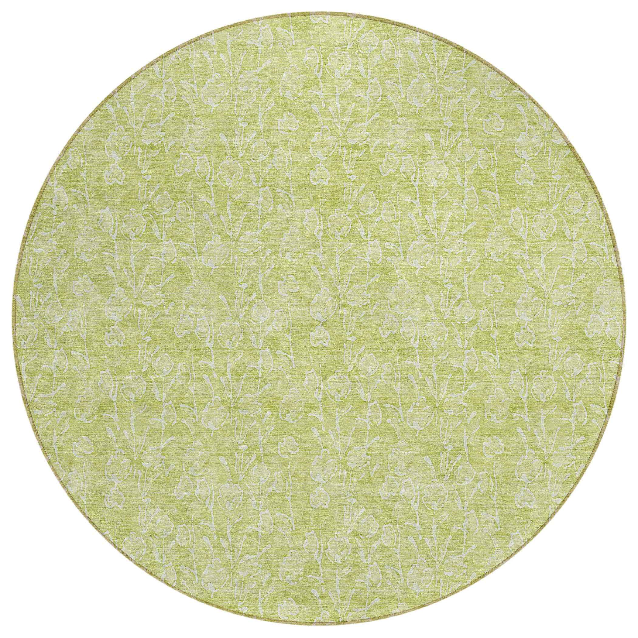 8' Artichoke Green And Ivory Round Floral Washable Indoor Outdoor Area Rug