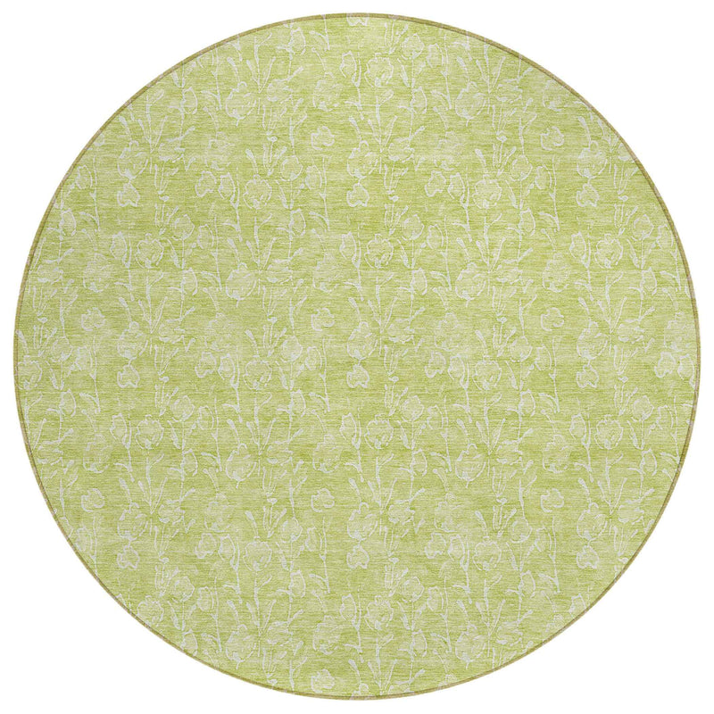 8' Artichoke Green And Ivory Round Floral Washable Indoor Outdoor Area Rug
