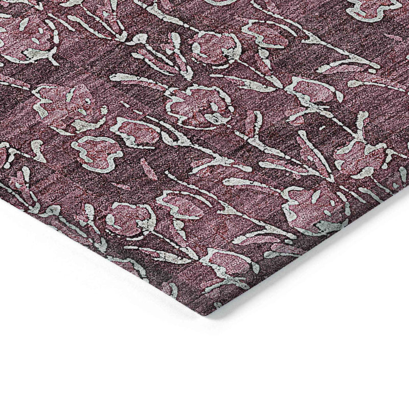 3' X 5' Merlot Mauve And Ivory Floral Washable Indoor Outdoor Area Rug