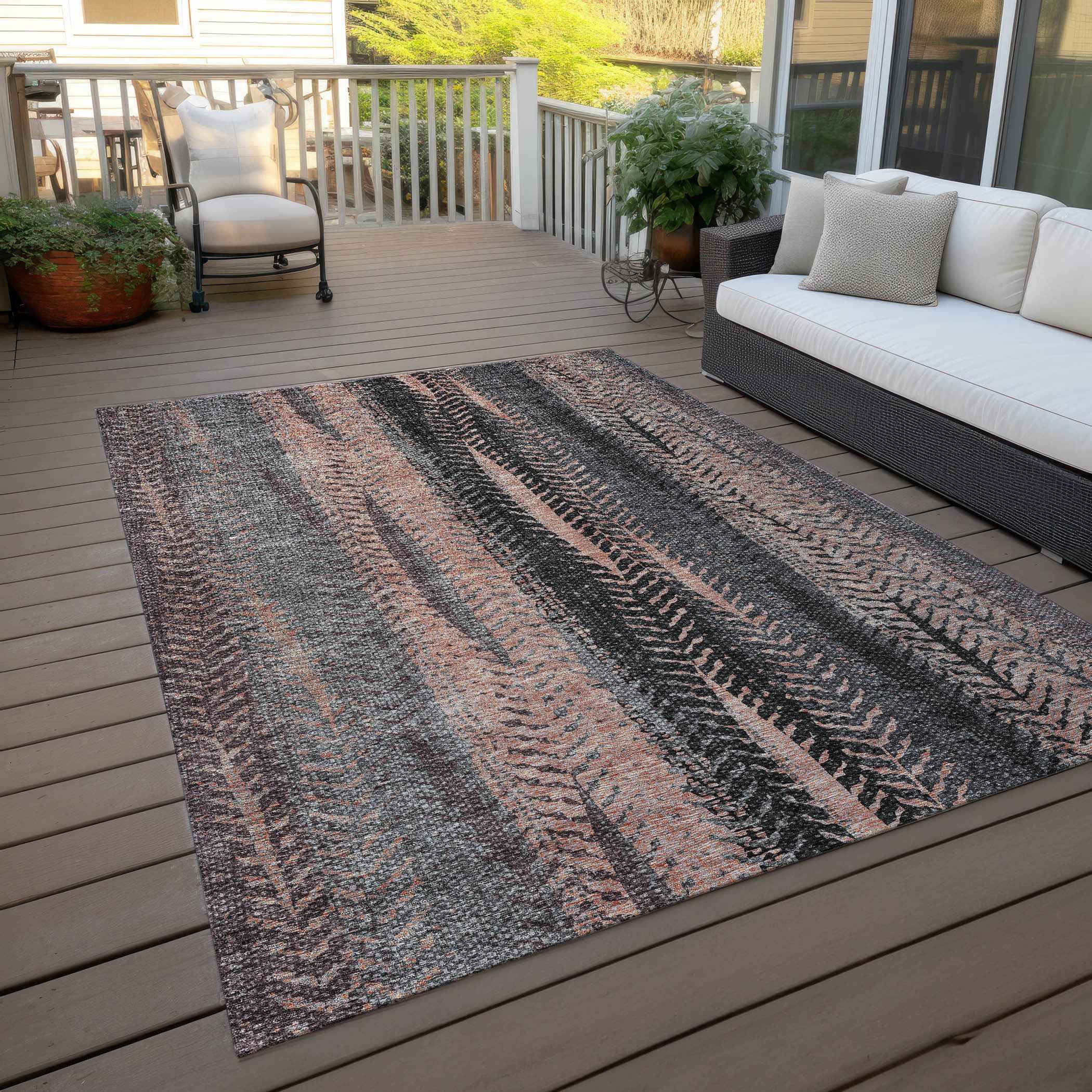 8' X 10' Blue Charcoal And Copper Botanical Leaves Washable Indoor Outdoor Area Rug