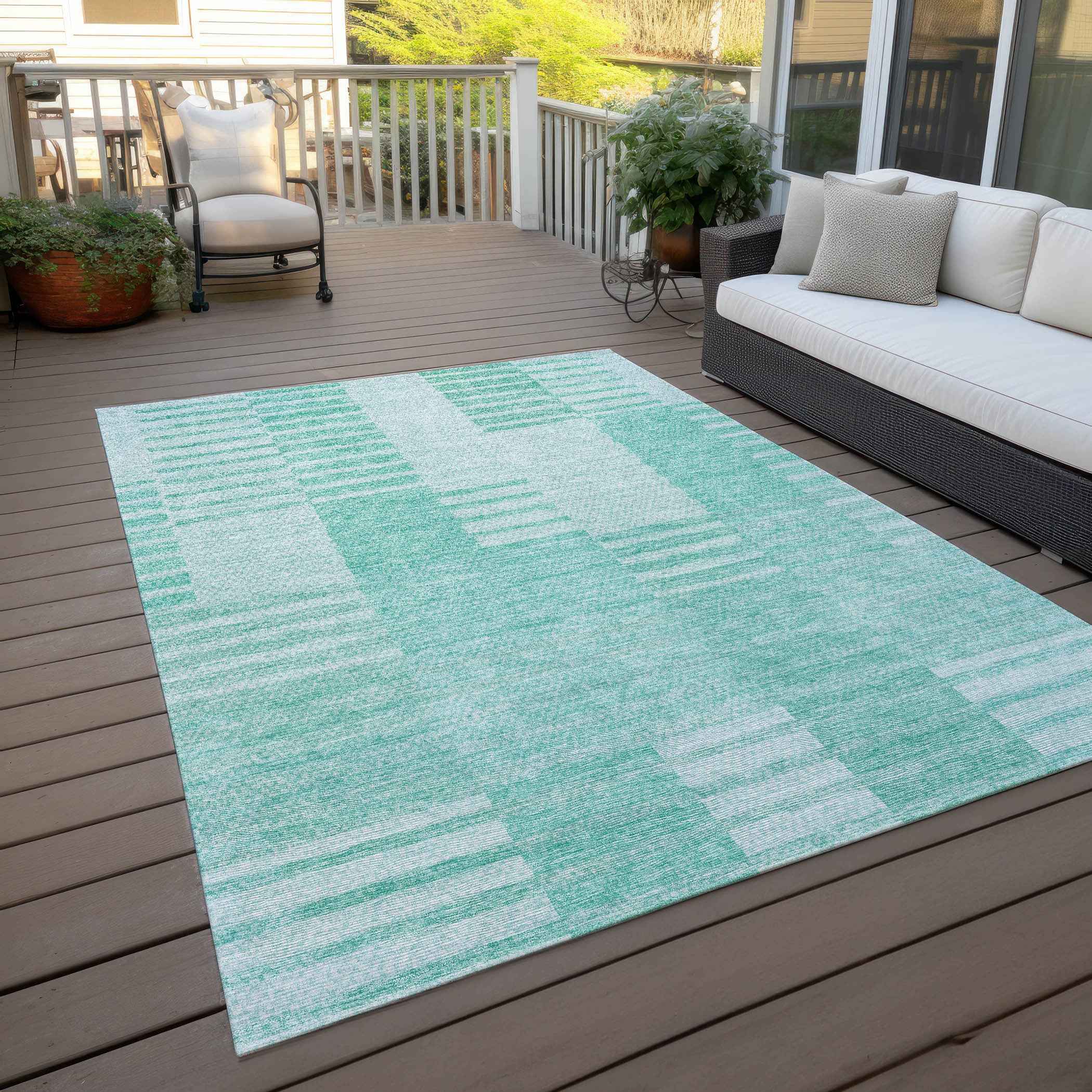 5' X 8' Teal Blue Aqua And Ivory Striped Washable Indoor Outdoor Area Rug
