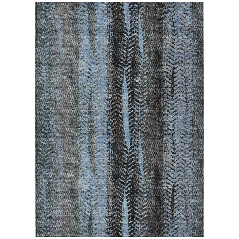 5' X 8' Blue Gray And Charcoal Botanical Leaves Washable Indoor Outdoor Area Rug