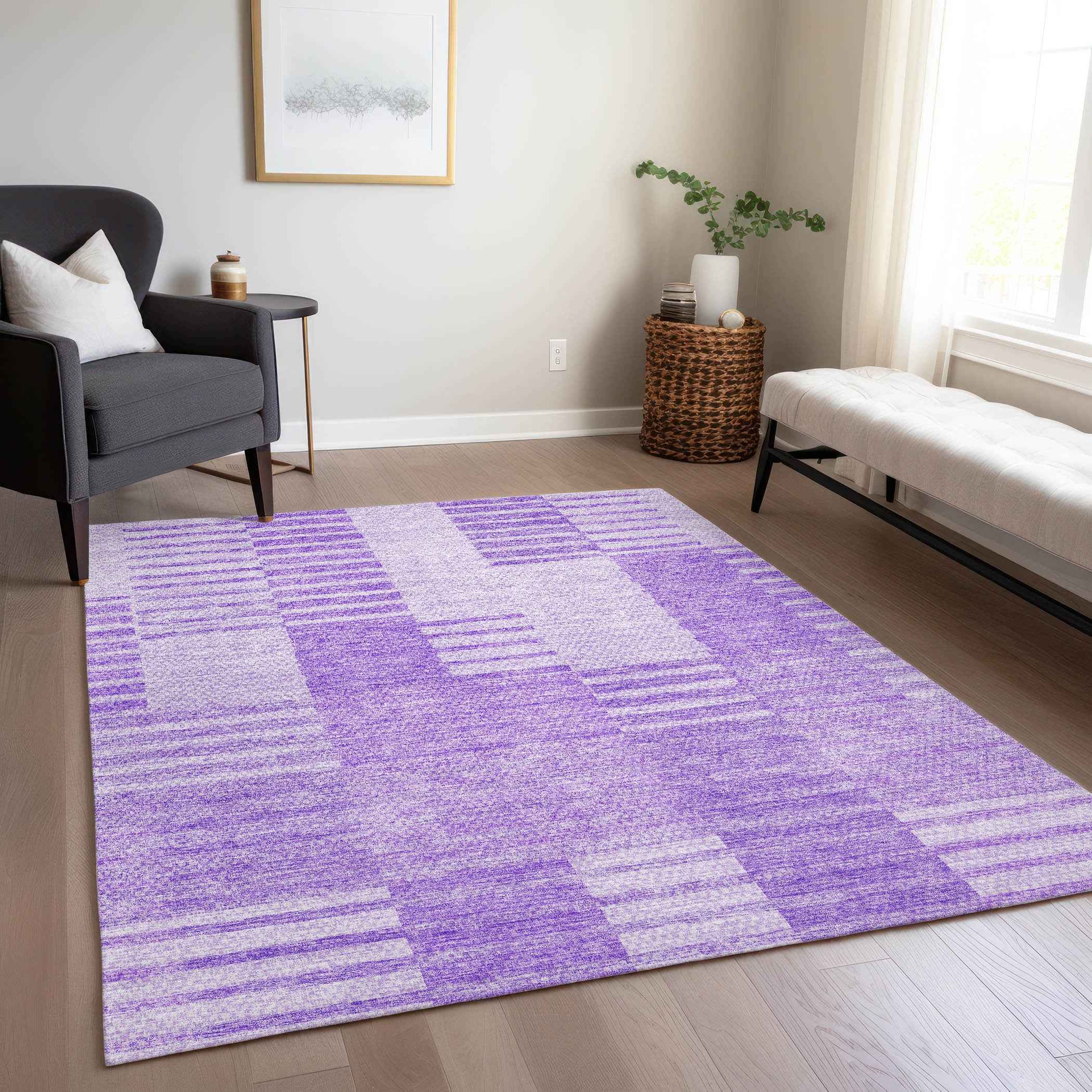 3' X 5' Lavender And Purple Striped Washable Indoor Outdoor Area Rug