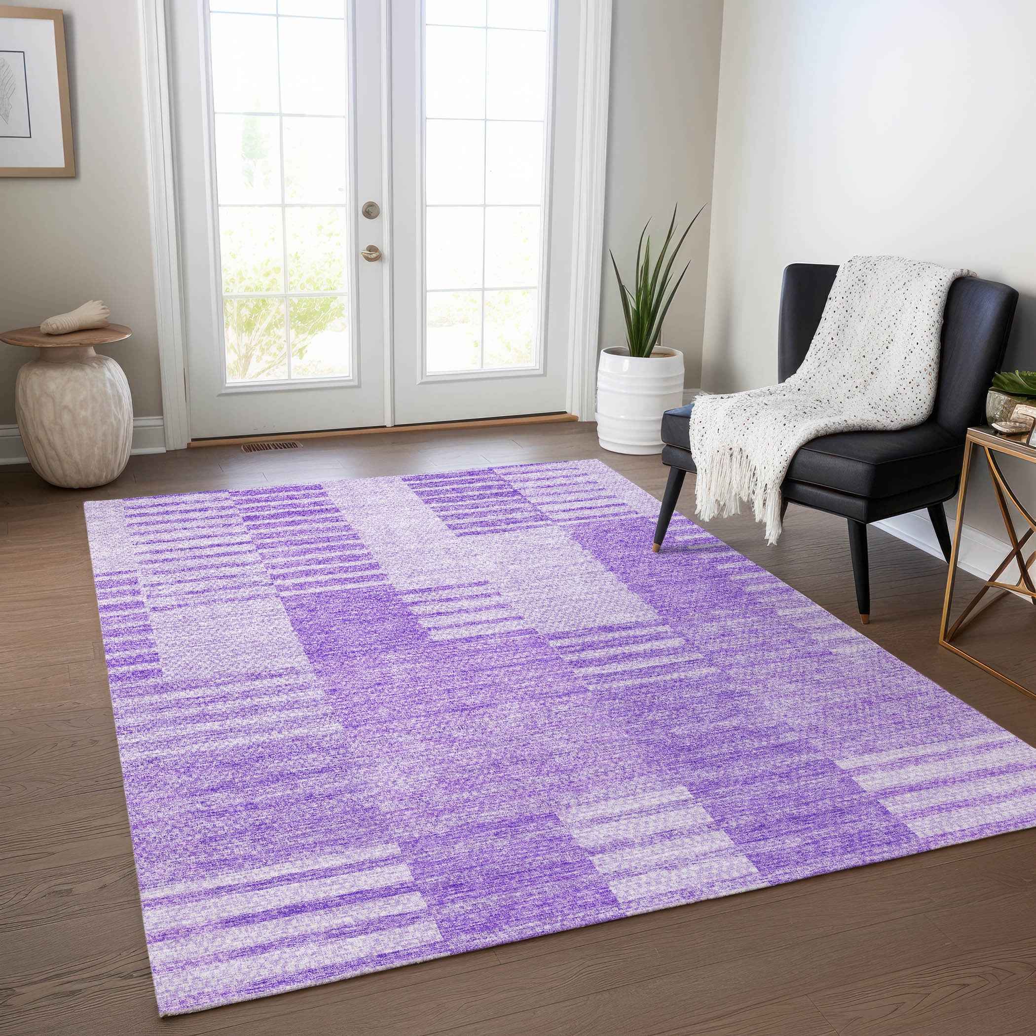 3' X 5' Lavender And Purple Striped Washable Indoor Outdoor Area Rug
