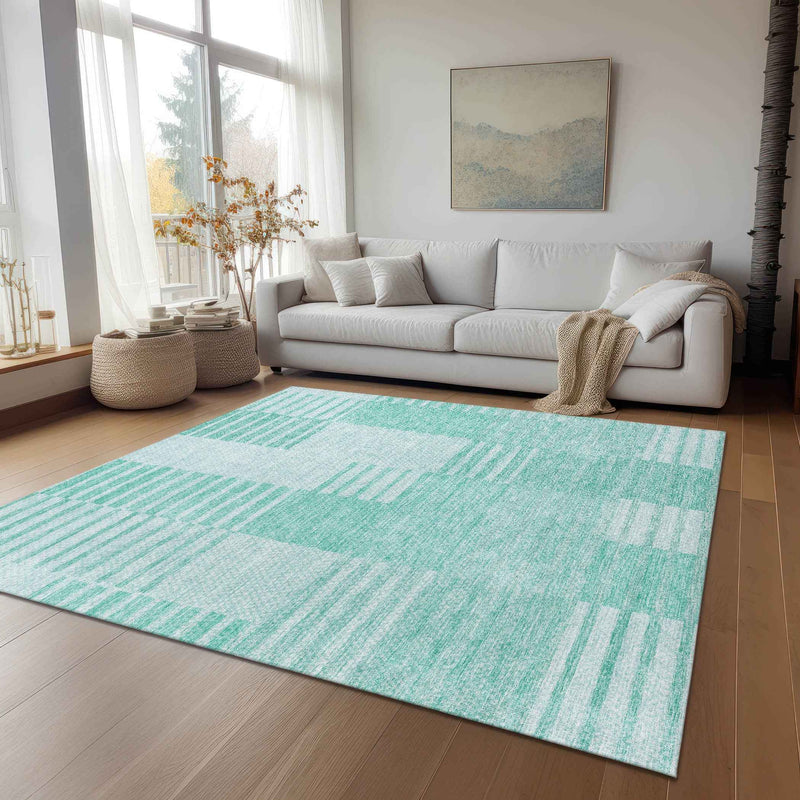 5' X 8' Teal Blue Aqua And Ivory Striped Washable Indoor Outdoor Area Rug