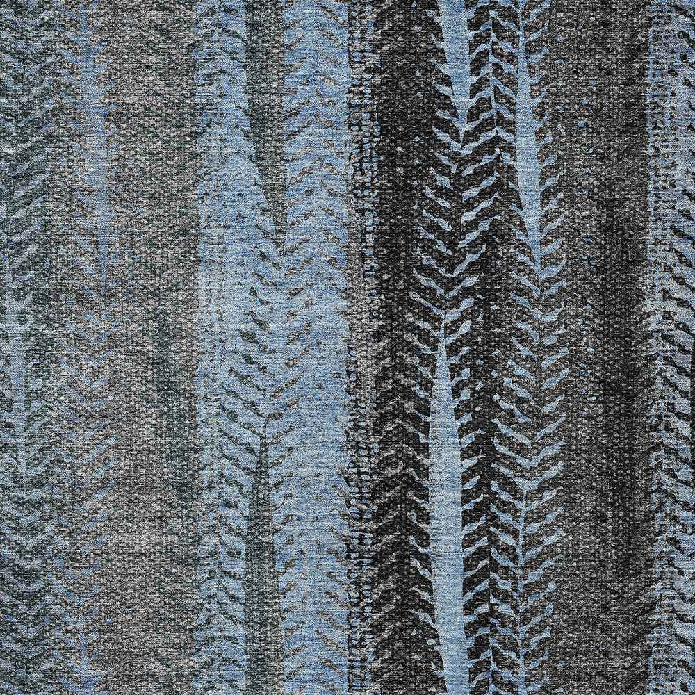 5' X 8' Blue Gray And Charcoal Botanical Leaves Washable Indoor Outdoor Area Rug